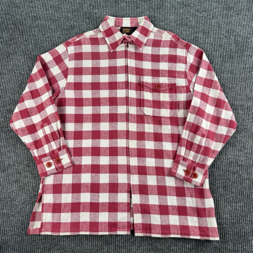 Vintage Faded Glory Flannel Sweater Jacket Women's Medium Cotton White Red Check